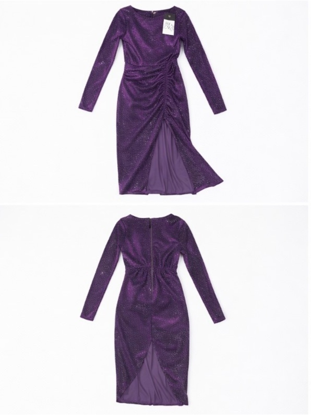 Zara Purple Sparkle Ruched Midi Dress